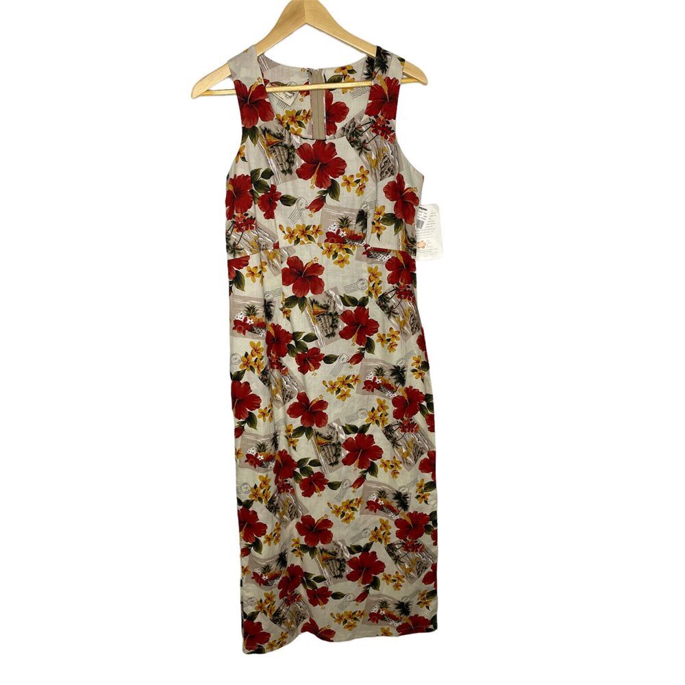 NWT Hilo Hattie Hawaiian Womens Maxi Dress Red Khaki‎ Postcard Hibiscus10 Cotton